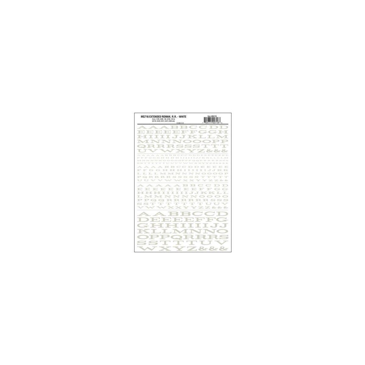 Dry Transfer Alphabet & Numbers - Extended Railroad Roman -- White, All Scales, Woodland Scenics 716