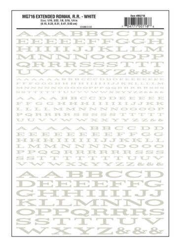 Dry Transfer Alphabet & Numbers - Extended Railroad Roman -- White, All Scales, Woodland Scenics 716