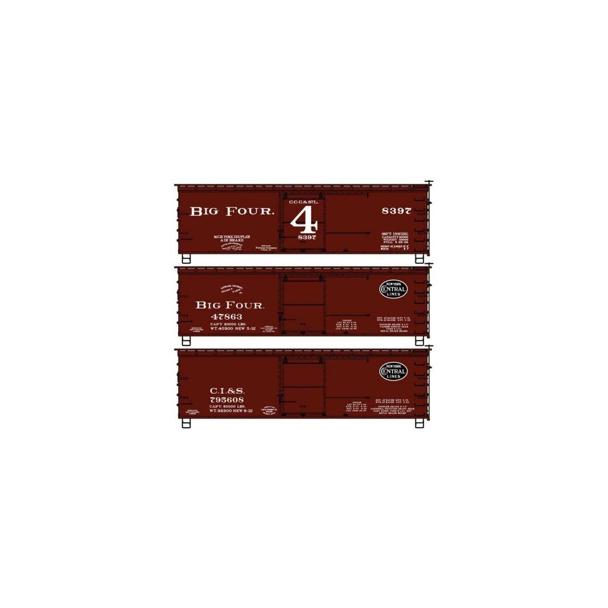 36′ Double-Sheathed Wood Boxcar, Steel Roof, Wood Ends 3-Pack - Kit -- Big Four CCC&StL 8397, 47863,, HO, Accurail Inc 8189