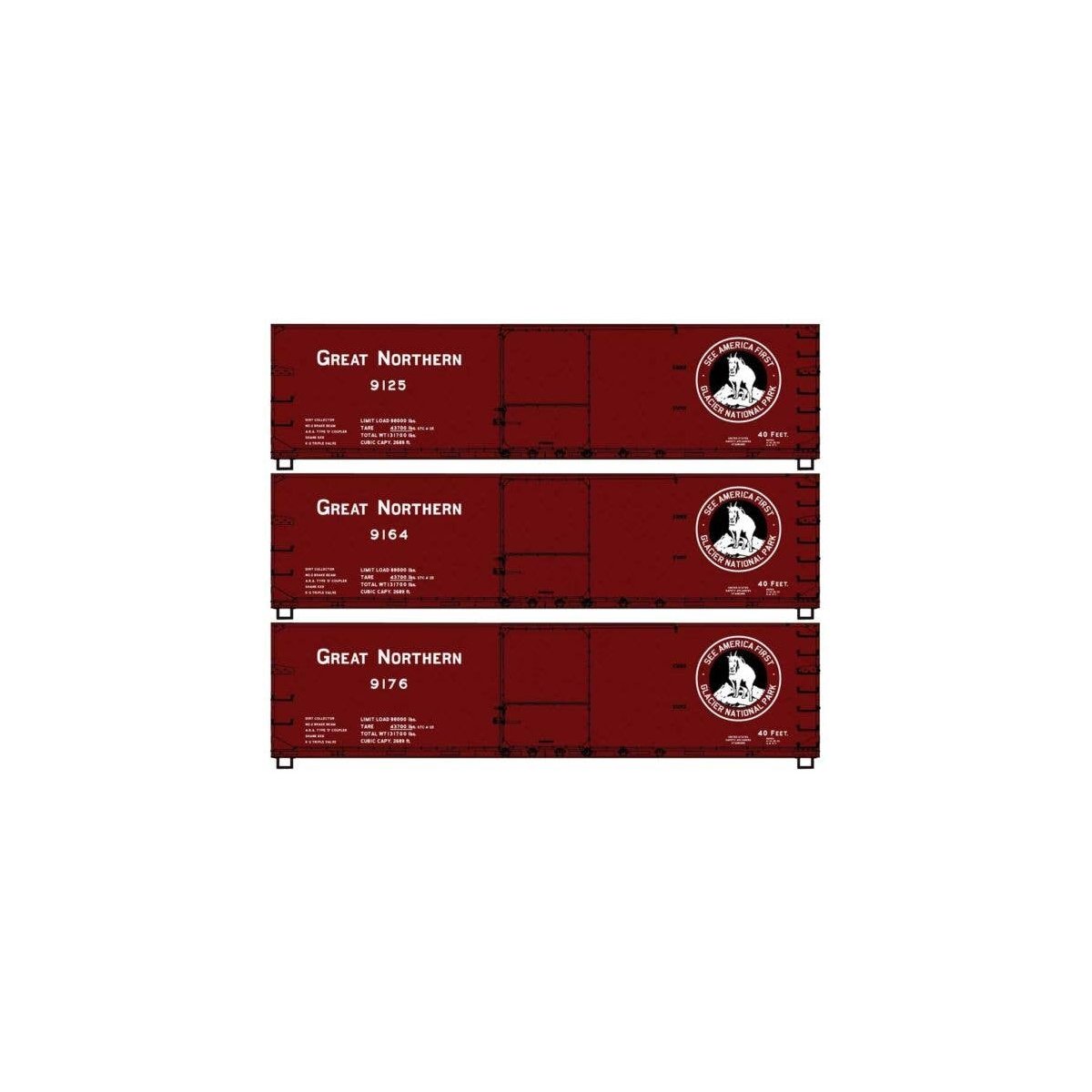 USRA 40′ Double-Sheathed Wood Boxcar 3-Pack - Kit -- Great Northern 9125, 9164, 9176 (Boxcar Red, bl, HO, Accurail Inc 8192
