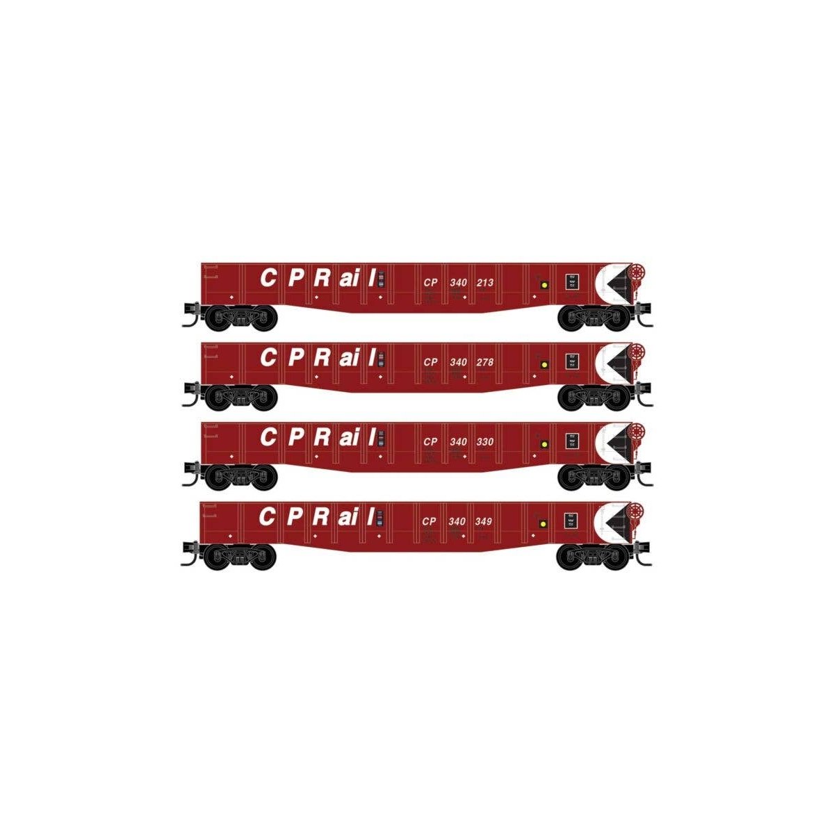50′ Gondola w/Fishbelly Sides & Drop-Ends 4-Pack - Ready to Run -- Canadian Pacific 340213, 340278, 340330, 340349 (Action Red