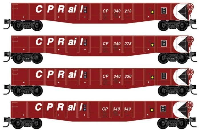 50′ Gondola w/Fishbelly Sides & Drop-Ends 4-Pack - Ready to Run -- Canadian Pacific 340213, 340278, 340330, 340349 (Action Red