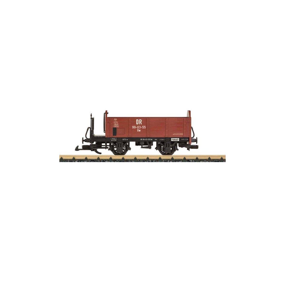 High-Side Wood Gondola - Ready to Run -- German State Railroad DR (Era III, Boxcar Red, black), G, LGB 40557