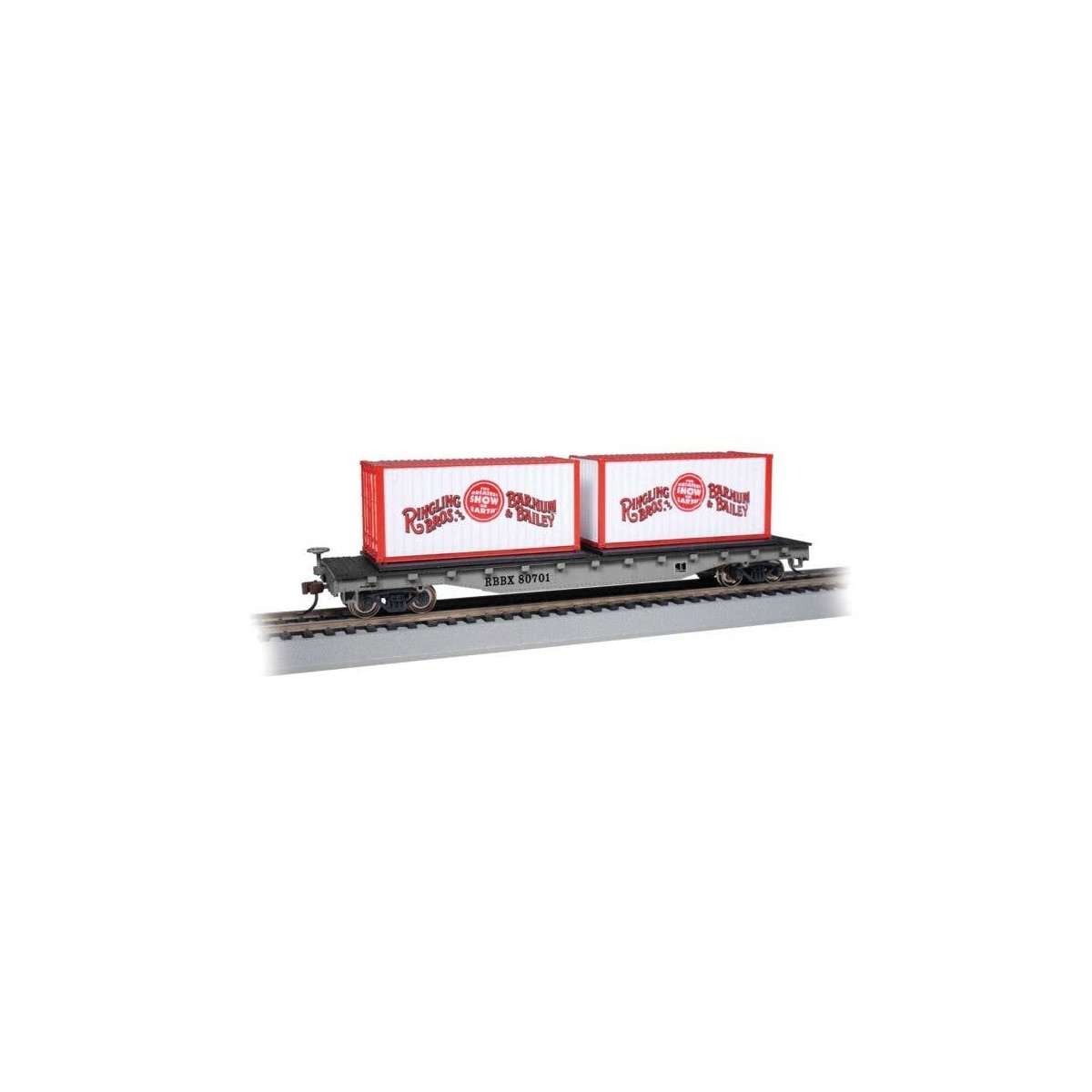 50′ Flatcar w/Containers - Ready to Run -- Ringling Bros. and Barnum & Bailey 80701 (silver,, HO, Bachmann Industries 16615