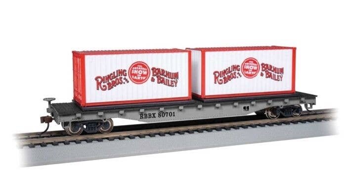 50′ Flatcar w/Containers - Ready to Run -- Ringling Bros. and Barnum & Bailey 80701 (silver,, HO, Bachmann Industries 16615