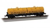 55′ Coil Car with Angled Hoods and Load - Ready to Run -- Milwaukee Road 92258 (black, yello, HO, Bachmann Industries 71426