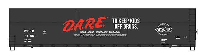 FMC Welded-Side Wood Chip Gondola - Ready to Run - Value Line -- Willamette & Pacific 74003 (D.A.R.E. Scheme, black, red, white)