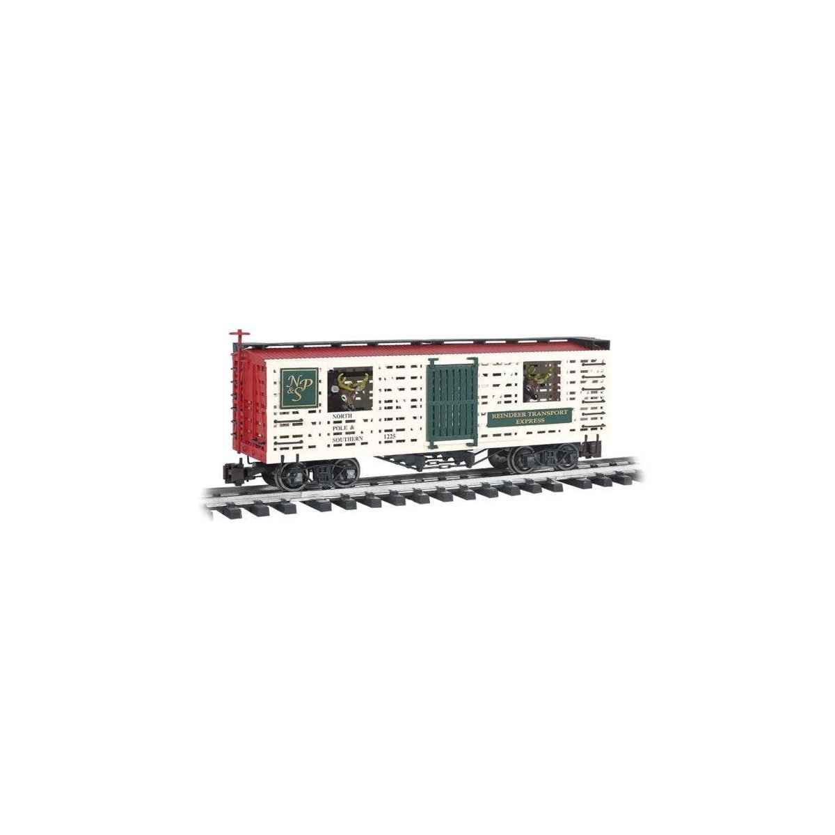 Animated Stock Car w/Reindeer - Ready to Run -- North Pole & Southern 1225 (white, green, red, G, Bachmann Industries 98704