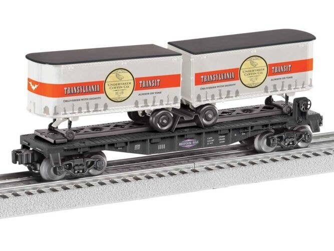 Intermodal TOFC Flatcar w/2 Trailers - 3-Rail - Ready to Run -- Whispering Rails (black, silver & red Transylvania Transit Hallo