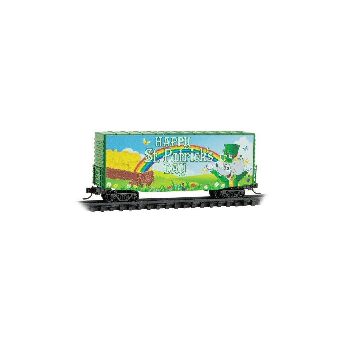Modified Pullman-Standard 40` Hy-Cube Boxcar - Ready to Run -- Micro-Mouse St. Patrick`s Day (green, blue, yellow), N, Micro Tra