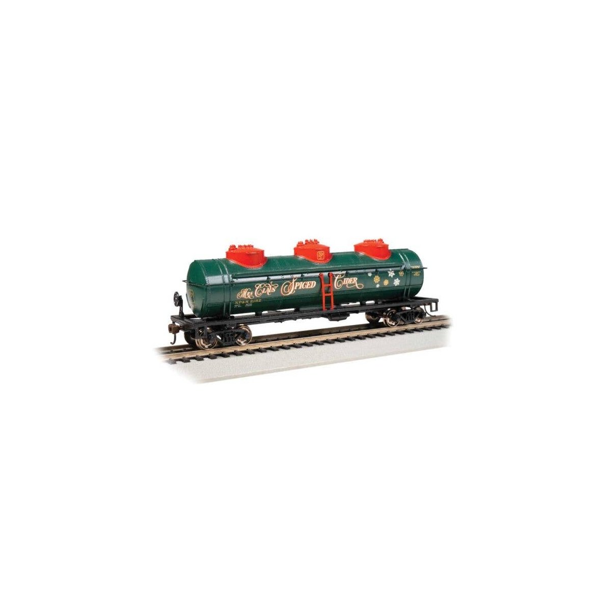 40′ 3-Dome Tank Car - Ready to Run - Silver Series(R) -- Mrs. Claus Spiced Cider NP&S 2162 (green, red, gold, silver Snowflake