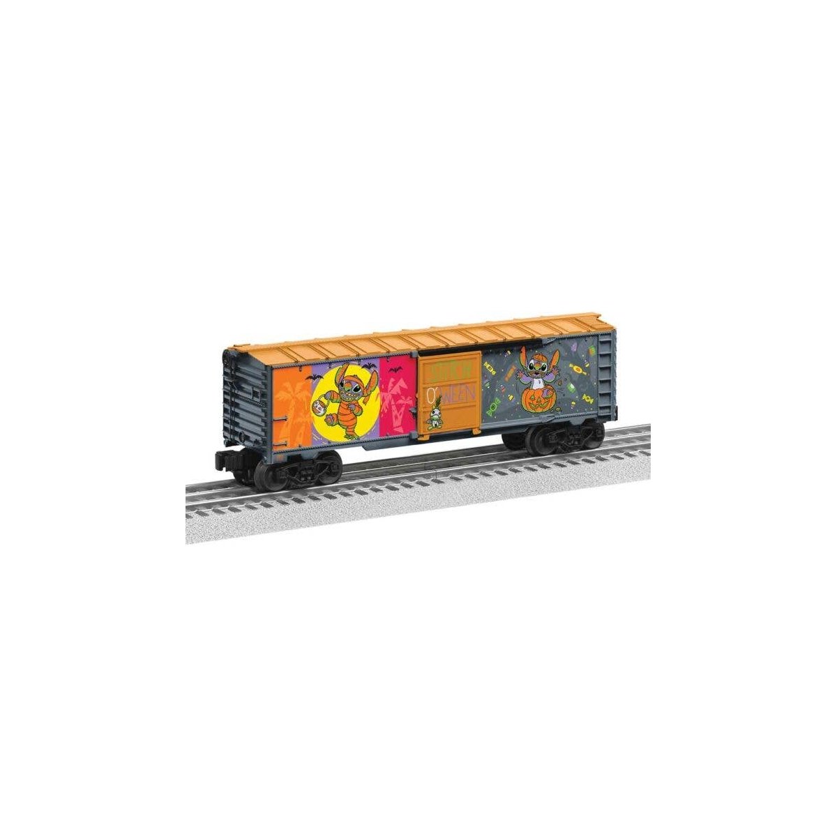 Steel Boxcar - 3-Rail - Ready to Run -- Disney Stitch (Halloween, gray, orange, glow-in-dark), O, Lionel 2528500