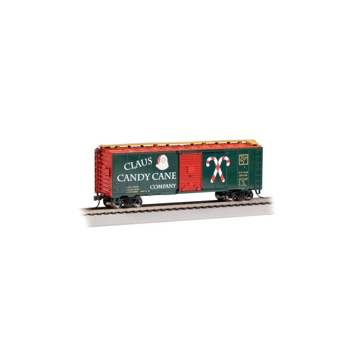 Pullman-Standard 40′ Steel Boxcar - Ready to Run - Silver Series(R) -- Claus Candy Cane Co. NP&S 20142 (green, red, white), HO