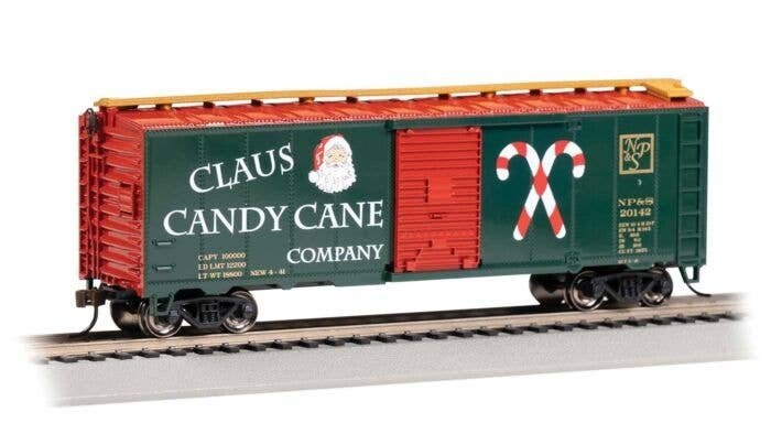 Pullman-Standard 40′ Steel Boxcar - Ready to Run - Silver Series(R) -- Claus Candy Cane Co. NP&S 20142 (green, red, white), HO