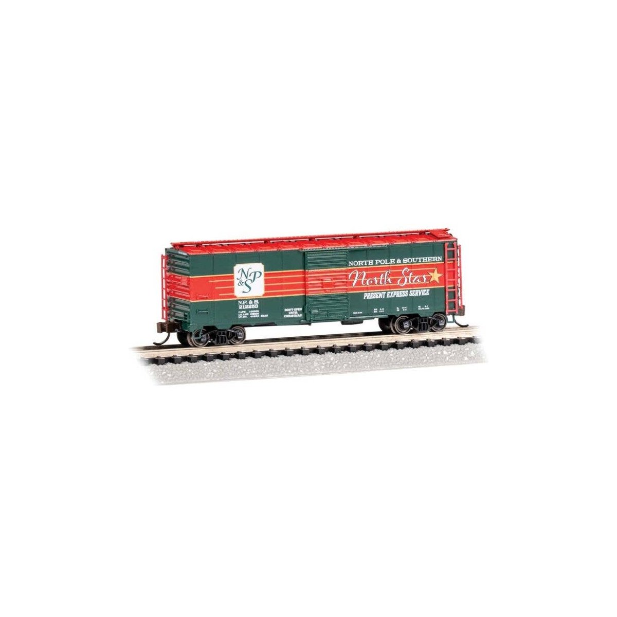 AAR 40′ Steel Boxcar - Ready to Run - Silver Series(R) -- North Pole & Southern (Christmas, Present Express Service), N, Bachm