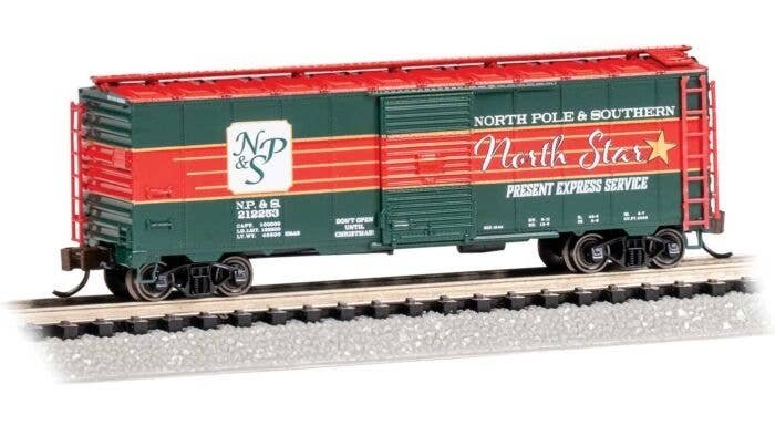 AAR 40′ Steel Boxcar - Ready to Run - Silver Series(R) -- North Pole & Southern (Christmas, Present Express Service), N, Bachm