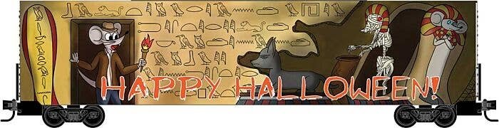 Modified 60′ Excess-Height Double-Door Boxcar - Ready to Run -- 2025 Micro-Mouse Halloween (tan, black), N, Micro Trains Line 