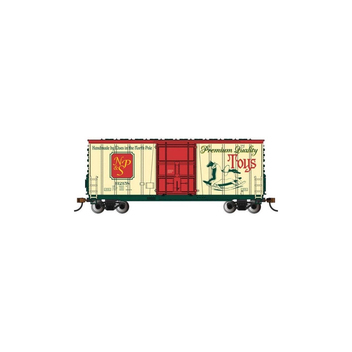 40′ Hi-Cube Boxcar - Ready to Run - Silver Series(R) -- North Pole & Southern 112158 (Christmas Toys, cream, green, red), N, B
