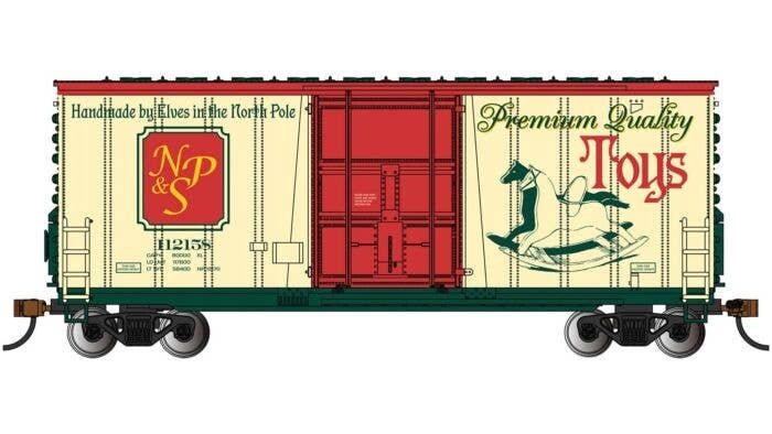 40′ Hi-Cube Boxcar - Ready to Run - Silver Series(R) -- North Pole & Southern 112158 (Christmas Toys, cream, green, red), N, B