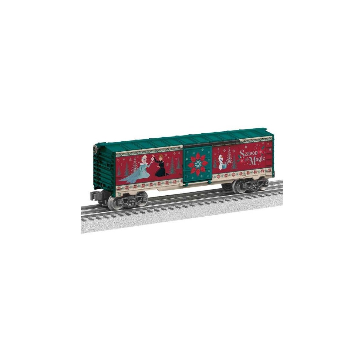Steel Boxcar - 3-Rail - Ready to Run -- Disney Frozen Christmas (green, red, cream, Mural Sides), O, Lionel 2528330