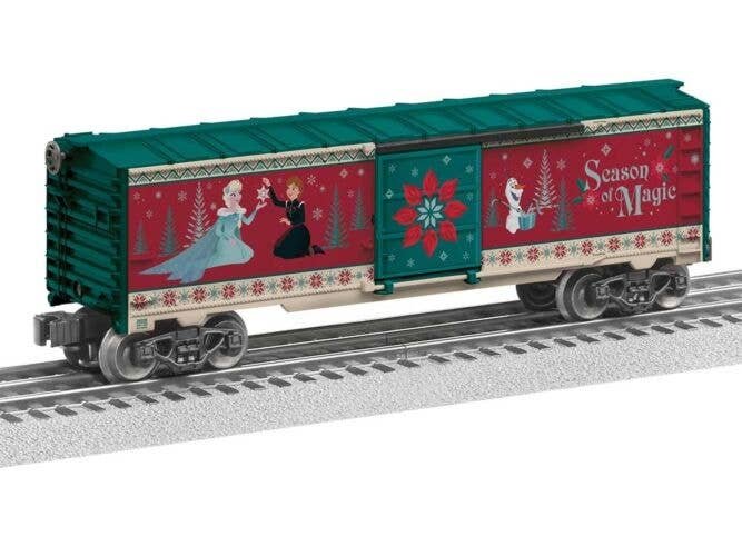 Steel Boxcar - 3-Rail - Ready to Run -- Disney Frozen Christmas (green, red, cream, Mural Sides), O, Lionel 2528330