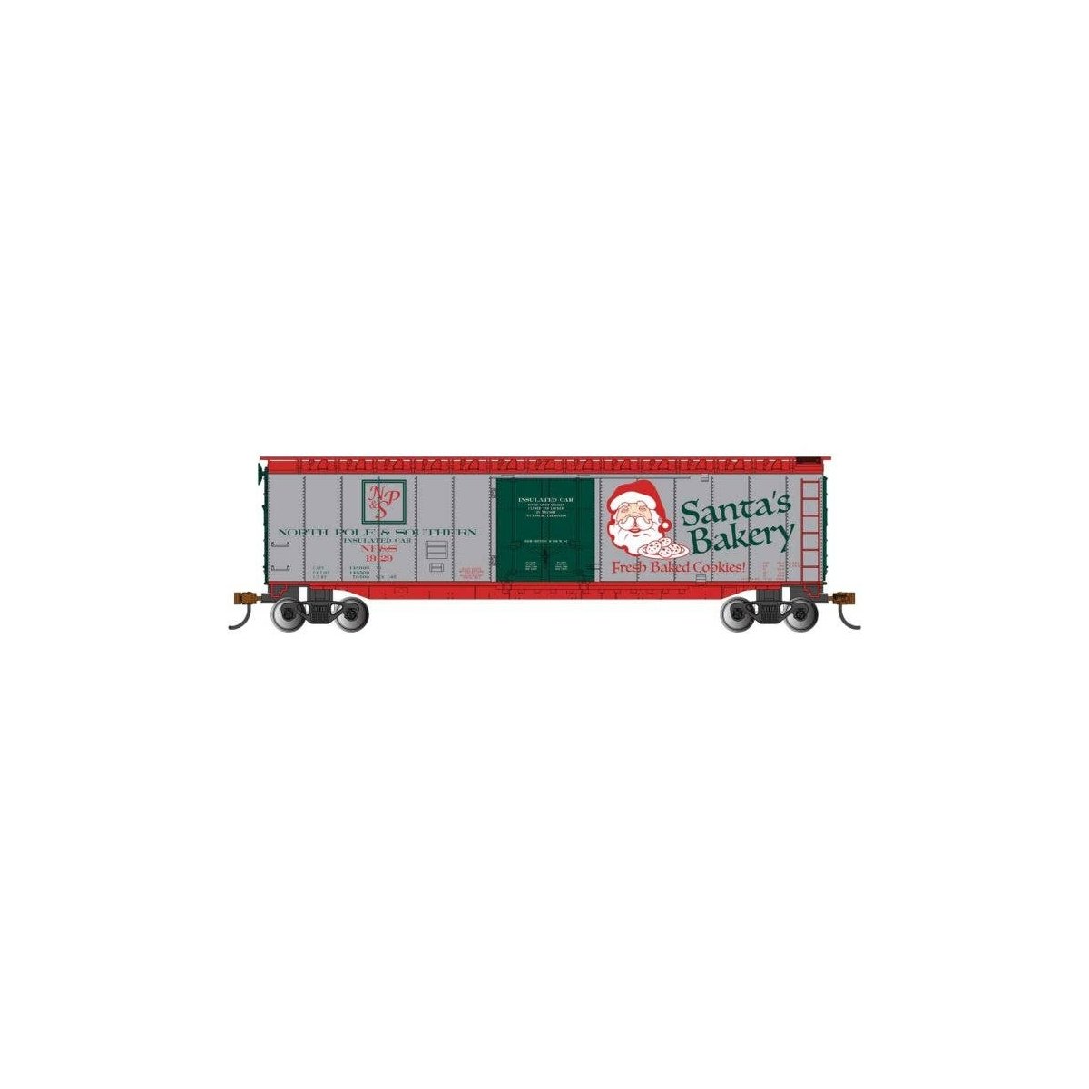 50` Plug-Door Boxcar - Ready to Run - Silver Series(R) -- North Pole & Southern 4126 (Christmas Santa`s Bakery, gray, green, red