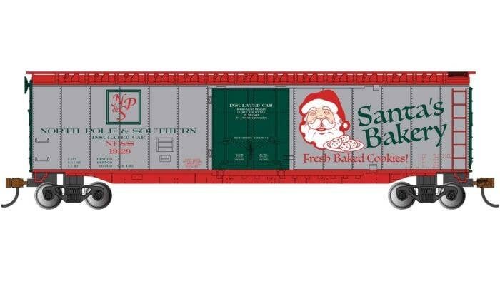 50` Plug-Door Boxcar - Ready to Run - Silver Series(R) -- North Pole & Southern 4126 (Christmas Santa`s Bakery, gray, green, red