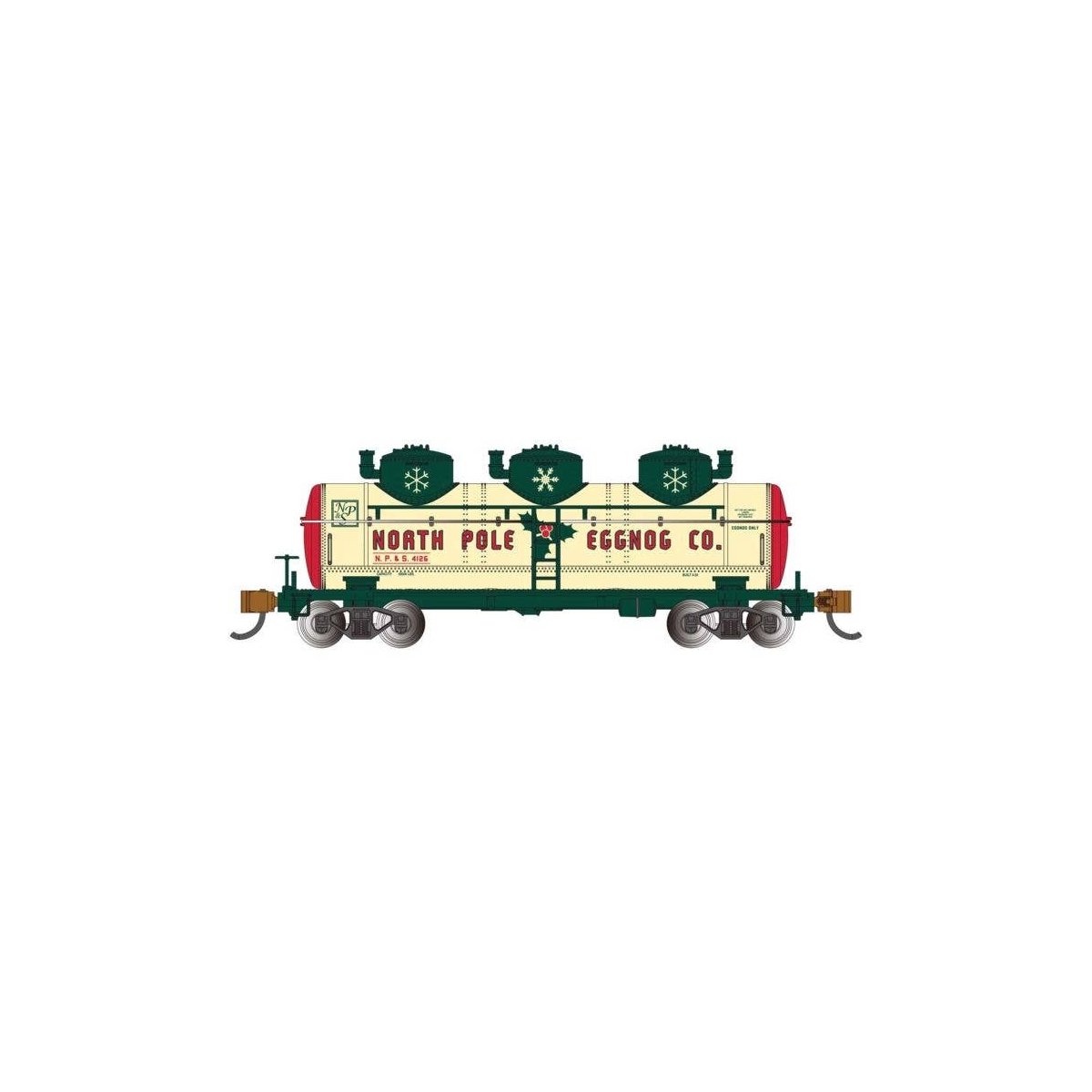 3-Dome Tank Car - Ready to Run - Silver Series(R) -- North Pole & Southern 4126 (Christmas Eggnog, cream, green, red), N, Bachma