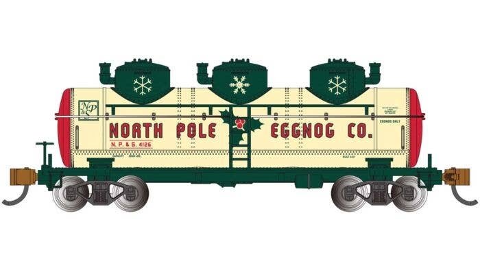 3-Dome Tank Car - Ready to Run - Silver Series(R) -- North Pole & Southern 4126 (Christmas Eggnog, cream, green, red), N, Bachma