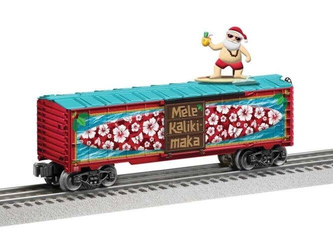 Surfing Steel Boxcar - 3-Rail - Ready to Run - Thomas Kinkade Studios -- Surfin Santa (red, blue car w/multi-color art), O, Lion