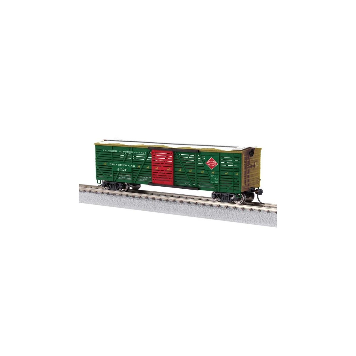 40′ Stock Car w/Reindeer Sounds - Ready to Run -- Reindeer Express Agency 4420 (green, red, gold), HO, Lionel 2554420