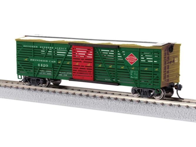 40′ Stock Car w/Reindeer Sounds - Ready to Run -- Reindeer Express Agency 4420 (green, red, gold), HO, Lionel 2554420