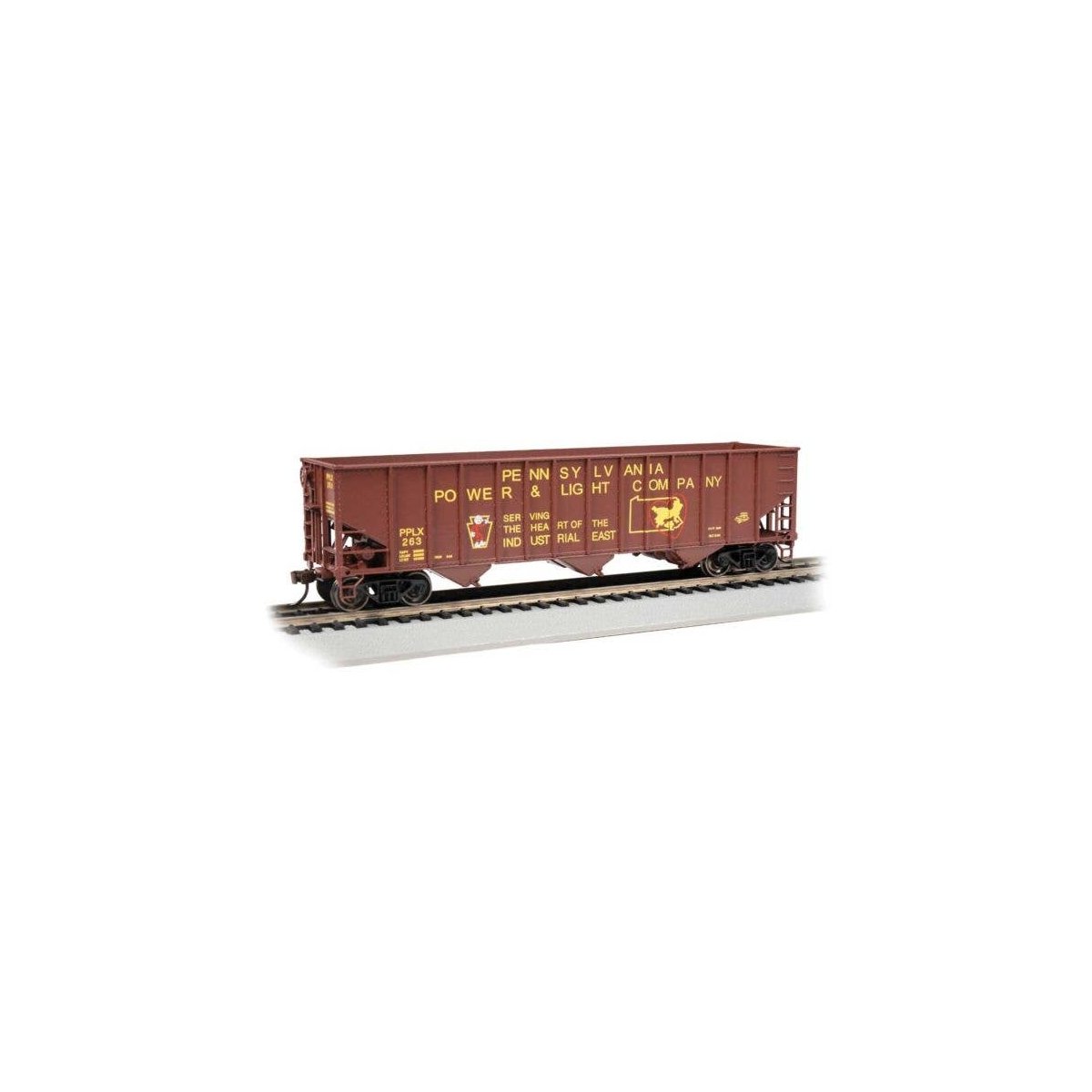 Bethlehem Steel 3-Bay 100-Ton Open Hopper - Ready to Run - Silver Series(R) -- Pennsylvania Power & Light 263 (Boxcar Red, yello