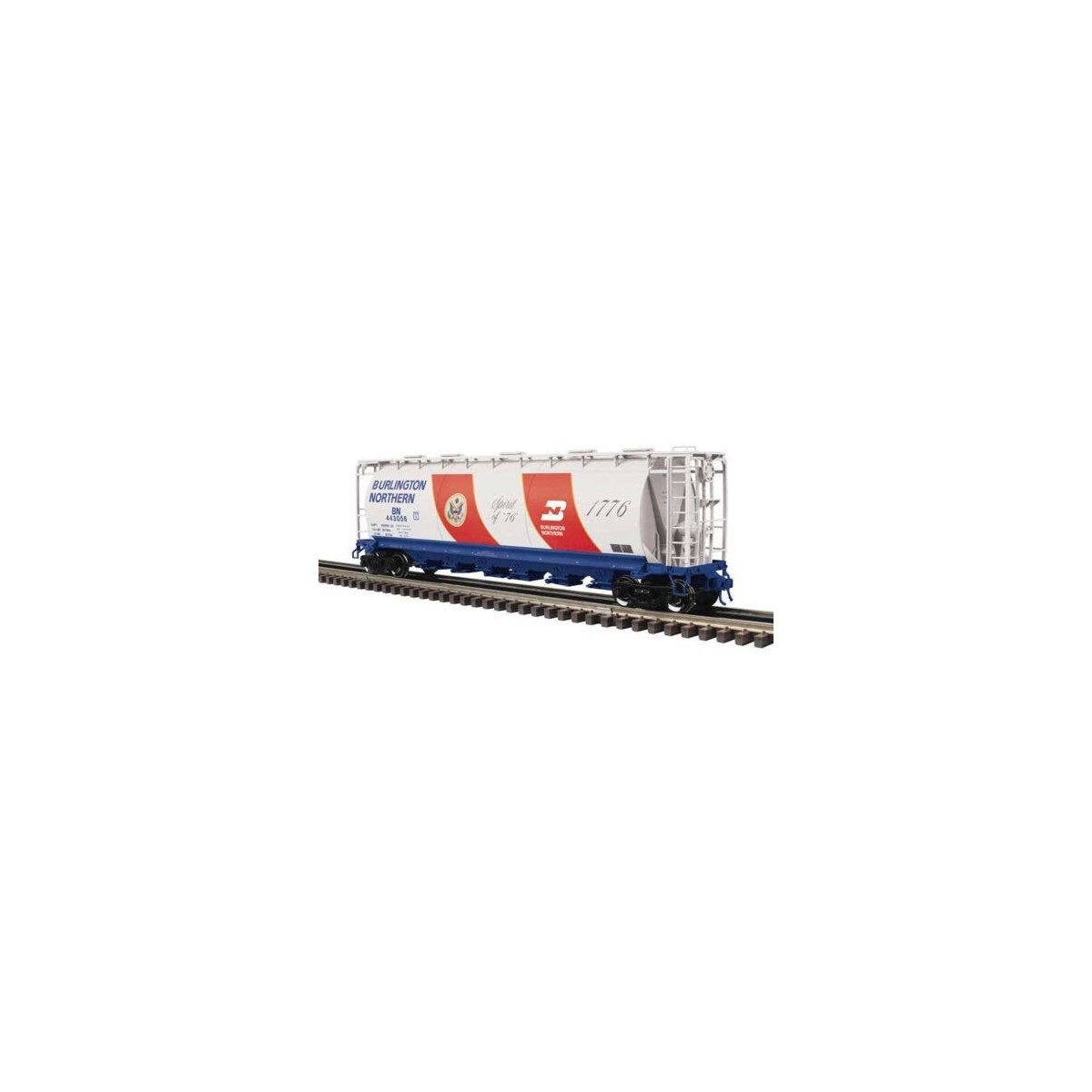 6-Bay Cylindrical Hopper - 3-Rail - Ready to Run - Master -- Burlington Northern 443056 (Bicentennial, white, red, blue), O, Atl