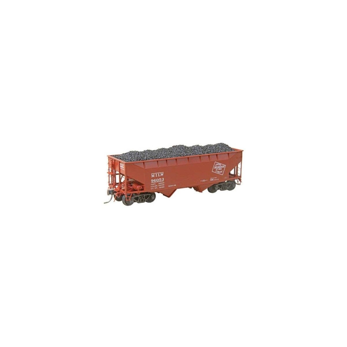 50-Ton AAR Standard Offset 2-Bay Open Hopper w/Coal Load - Ready to Run -- Milwaukee Road 96053 (As Delivered, 1948, Boxcar Red,
