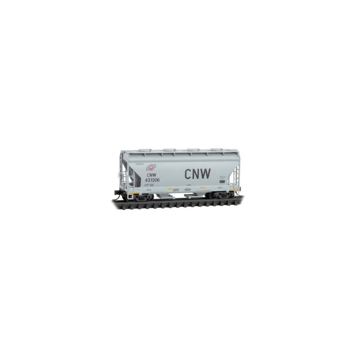 ACF 39′ 2-Bay Center-Flow Covered Hopper - Round Hatches - Ready to Run -- Chicago & North Western 437206 (gray, large CNW), N
