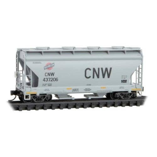 ACF 39′ 2-Bay Center-Flow Covered Hopper - Round Hatches - Ready to Run -- Chicago & North Western 437206 (gray, large CNW), N