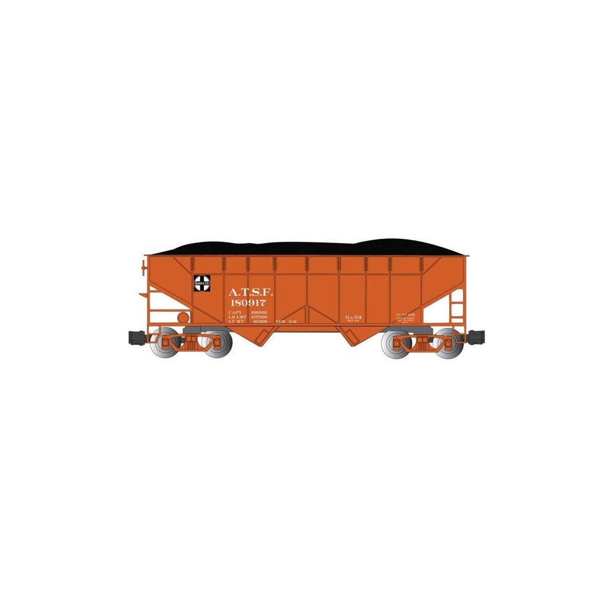 Two-Bay Offset-Side Open Hopper with Coal Load - Ready to Run -- Santa Fe 180917 (Boxcar Red,, G, Bachmann Industries 94006