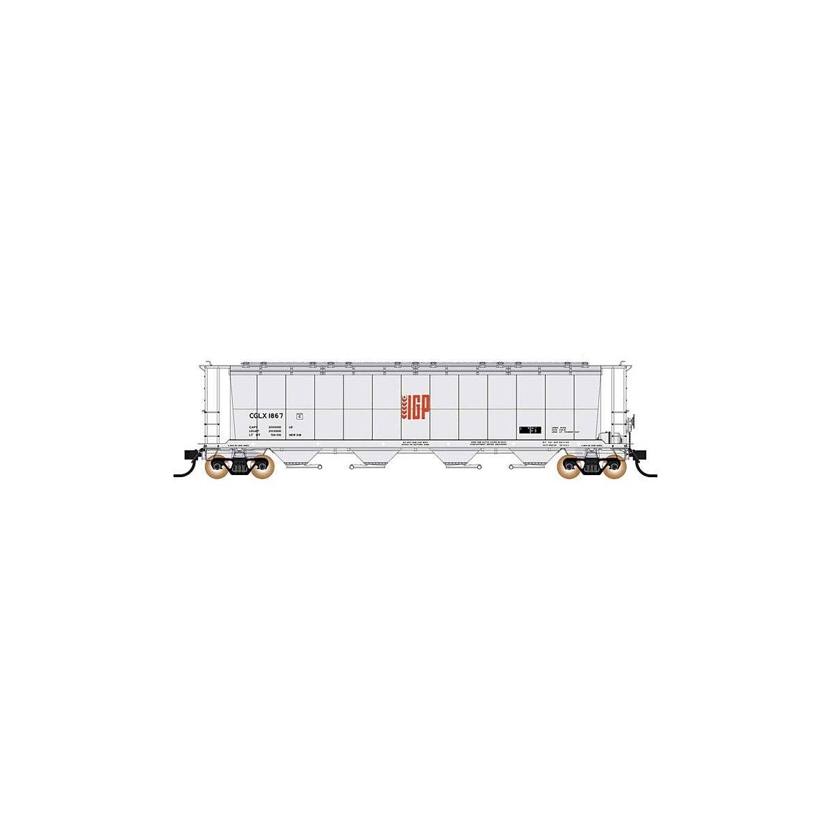 59′ 4-Bay Cylindrical Covered Hopper - Trough Hatch Version - Ready to Run -- IGP CGLX (gray, orange), HO, Intermountain Railw