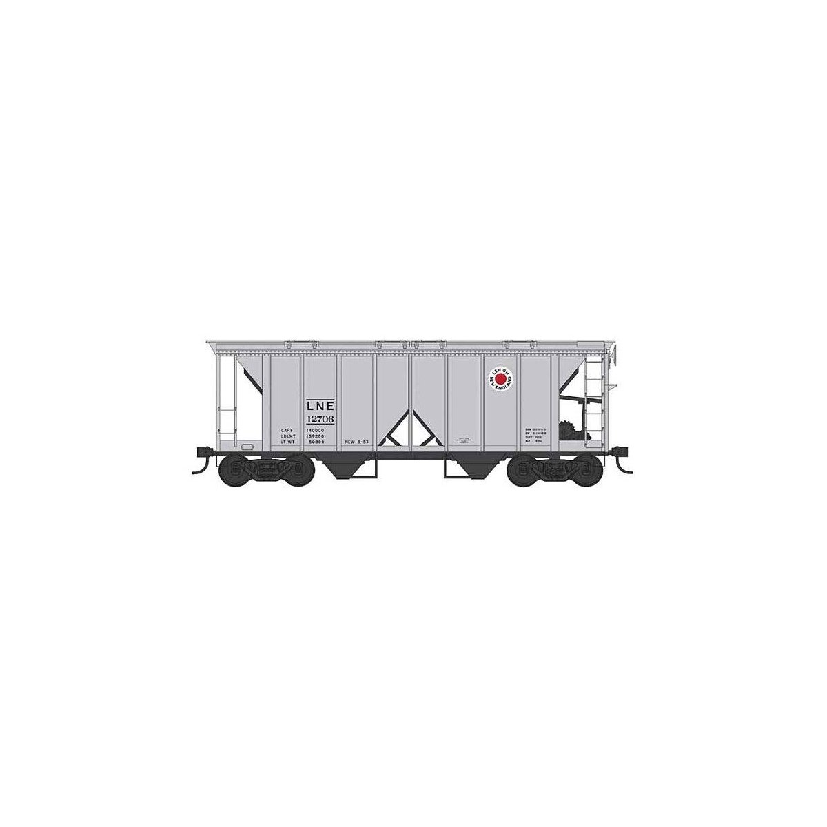 70-Ton 2-Bay Covered Hopper with Open Sides - Ready to Run -- Lehigh & New England 12706 (gray, red, white, Fried Egg Logo), N, 