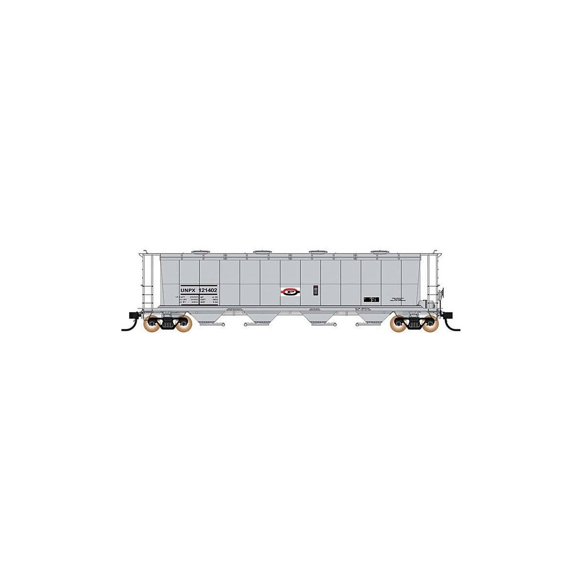 59′ 4-Bay Cylindrical Covered Hopper w/Round Hatches - Ready to Run -- Procor Ltd. UNPX (gray, white, red, black), HO, Intermo