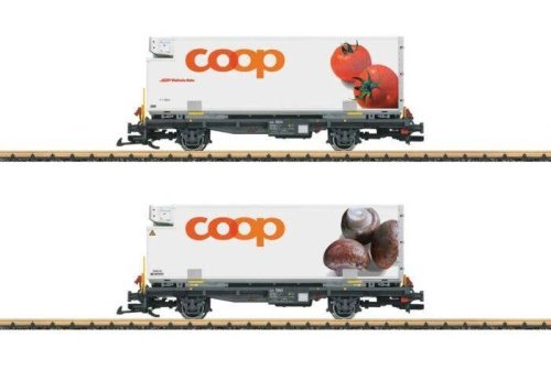 Container Car w/Reefer Container 2-Pack - Ready to Run -- Rhaetian Railroad RhB (Era VI, gray, white Coop Con, G, LGB 45888