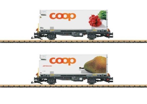 Container Car w/Reefer Container 2-Pack - Ready to Run -- Rhaetian Railroad RhB (Era VI, gray, white Coop Con, G, LGB 45889