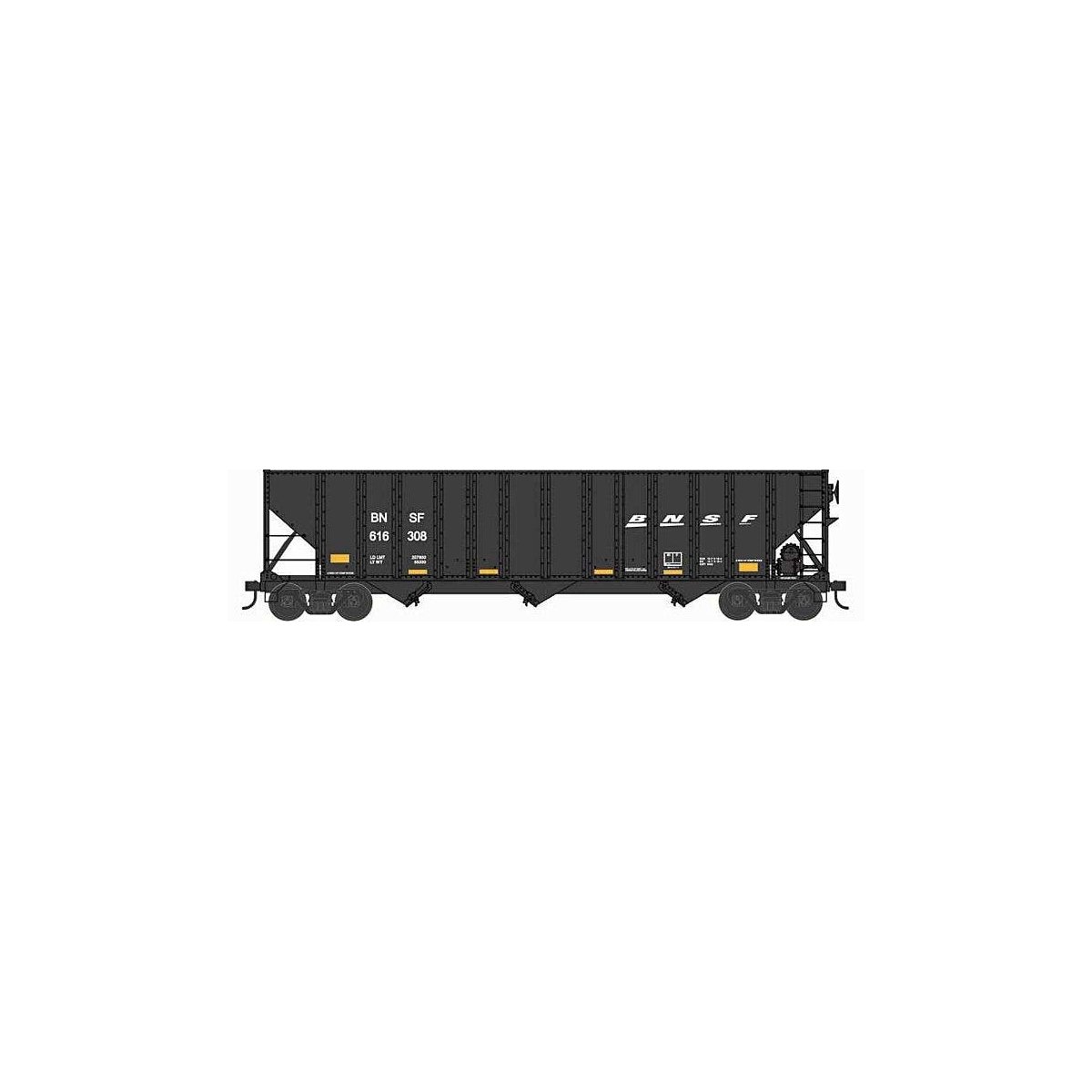 100-Ton 3-Bay Open Hopper with Coal Load - Ready to Run -- BNSF Railway 616308 (black, white, Wedge Logo, yellow conpicuity mark