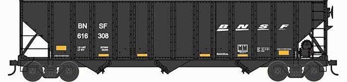100-Ton 3-Bay Open Hopper with Coal Load - Ready to Run -- BNSF Railway 616308 (black, white, Wedge Logo, yellow conpicuity mark
