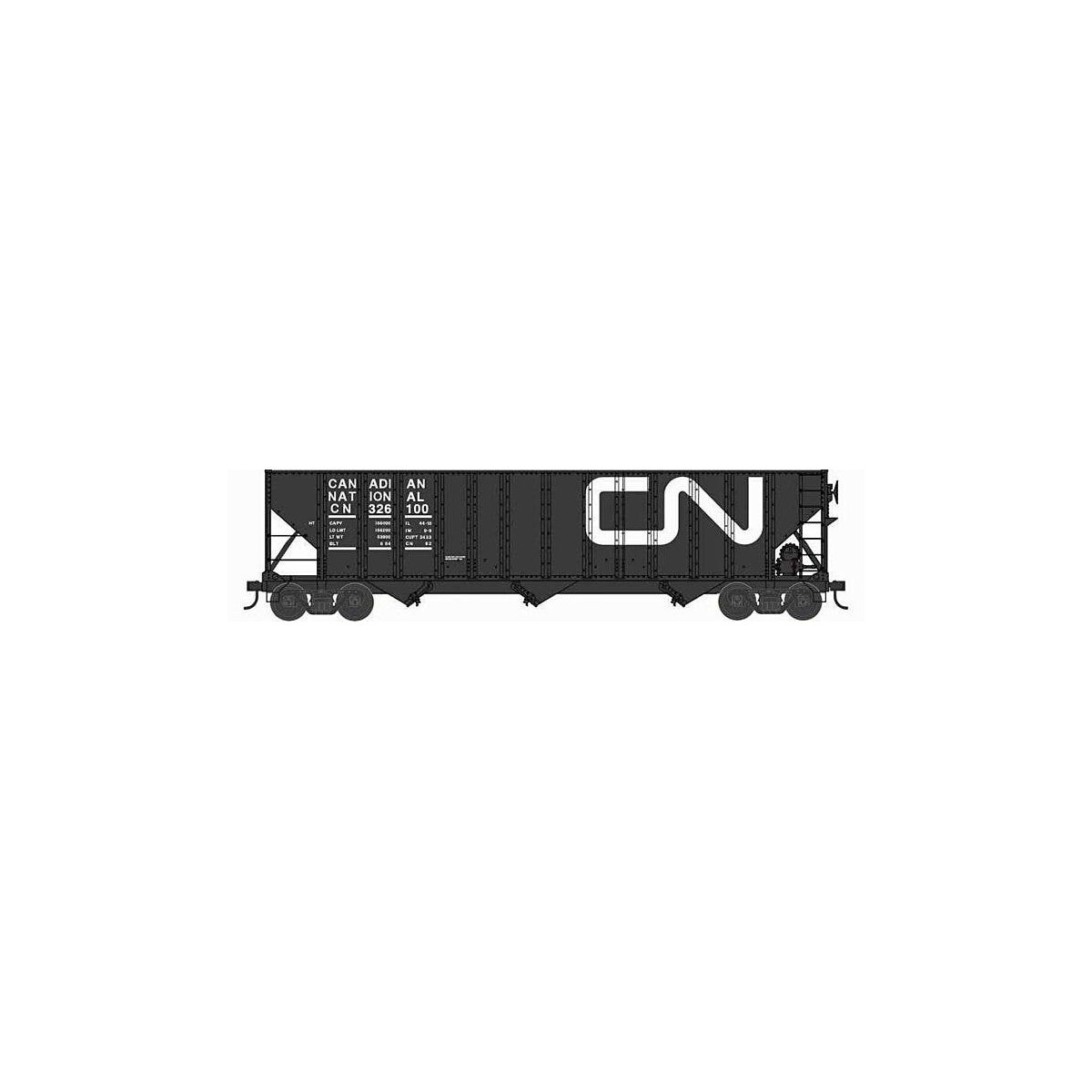 100-Ton 3-Bay Open Hopper with Coal Load - Ready to Run -- Canadian National 326100 (black, white, Large Noodle Logo), N, Bowser