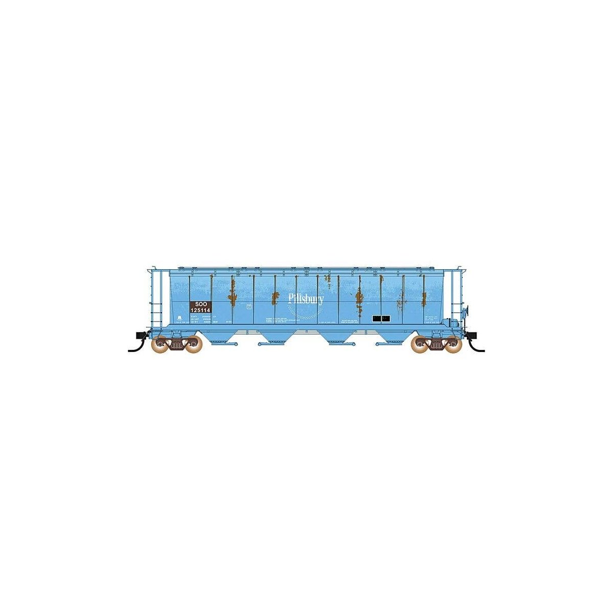 59′ 4-Bay Cylindrical Covered Hopper - Trough Hatch Version - Ready to Run -- Soo Line (Weathered, Patched Ex-Pillsbury, blue,