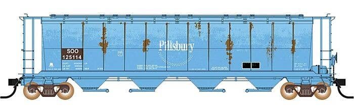 59′ 4-Bay Cylindrical Covered Hopper - Trough Hatch Version - Ready to Run -- Soo Line (Weathered, Patched Ex-Pillsbury, blue,