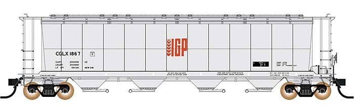 59′ 4-Bay Cylindrical Covered Hopper - Trough Hatch Version - Ready to Run -- IGP CGLX (gray, orange), N, Intermountain Railwa