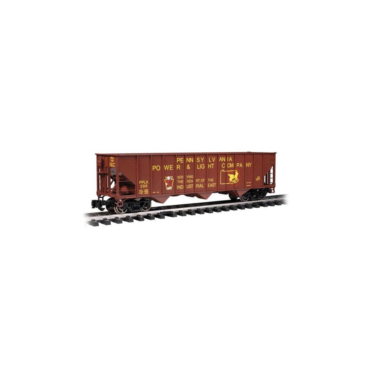 Bethlehem Steel 100-Ton 3-Bay Hopper - Ready to Run -- Pennsylvania Power & Light 296 (Boxcar Red, yellow Reddy Kilowatt Logo), 